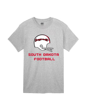 Gray tee with white football helmet with red word 'Sungmanitu' and red text below 'SOUTH DAKOTA FOOTBALL' across chest.