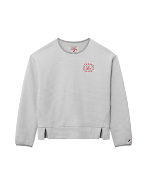 Light gray textured crew with red text on upper left chest in circular design, 'SOUTH DAKOTA EST. 1862 SD USA.'