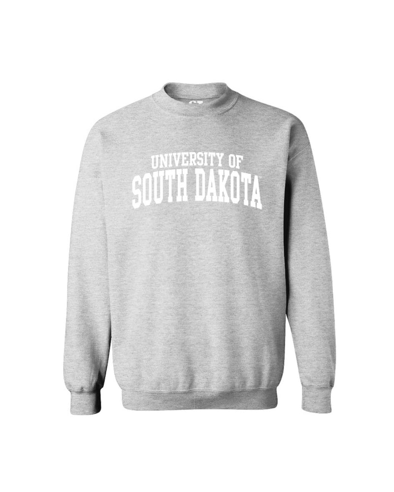 Gray crew with white 'UNIVERSITY OF SOUTH DAKOTA,' graphic across chest.