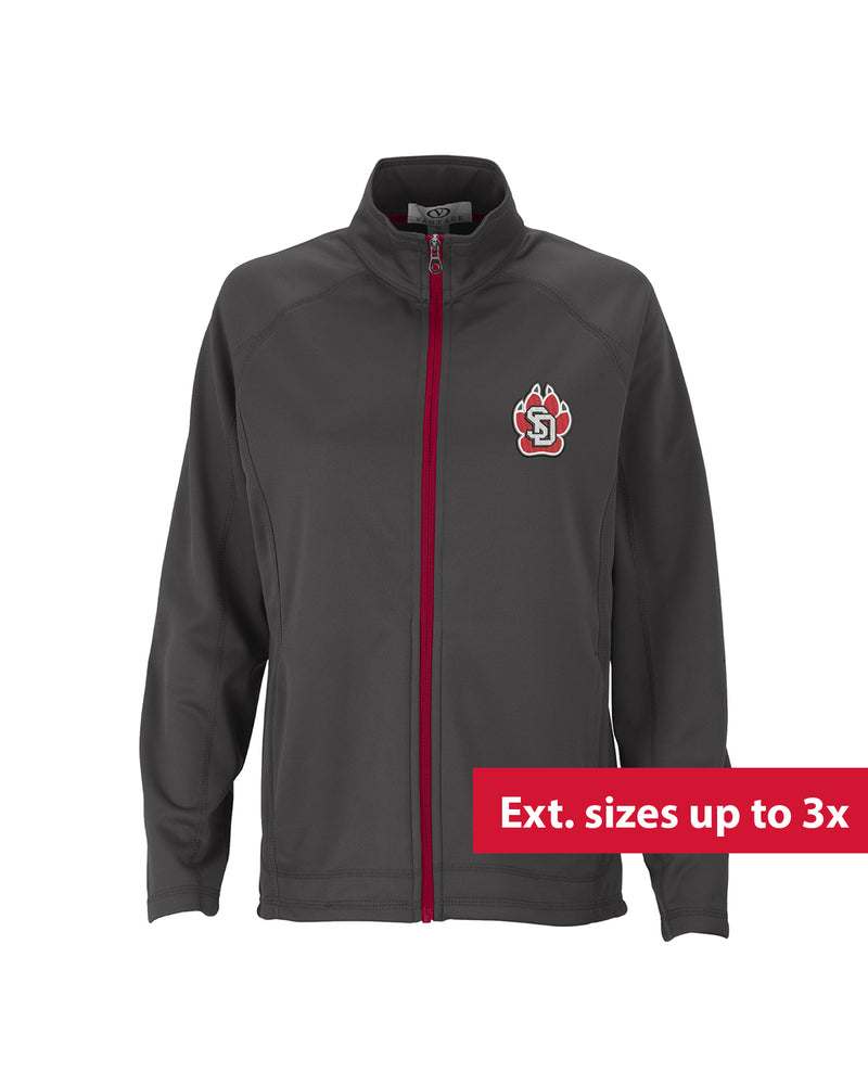 Gray microfleece women's jacket with red zipper detailing and SD Paw logo on upper left chest. Text overlaid on image reads 'Ext. sizes up to 3x.