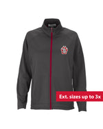 Gray microfleece women's jacket with red zipper detailing and SD Paw logo on upper left chest. Text overlaid on image reads 'Ext. sizes up to 3x.