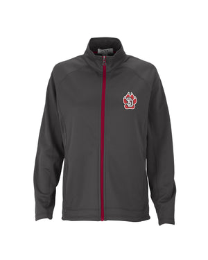 Gray microfleece women's jacket with red zipper detailing and SD Paw logo on upper left chest. 