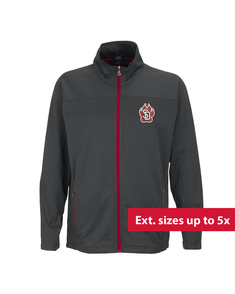 Men's gray micro-fleece full-zip jacket with red detailing on zipper and SD Paw logo on upper left chest. Text overlaid on image reads 'Ext. sizes up to 5x.'