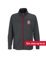 Men's gray micro-fleece full-zip jacket with red detailing on zipper and SD Paw logo on upper left chest. Text overlaid on image reads 'Ext. sizes up to 5x.'