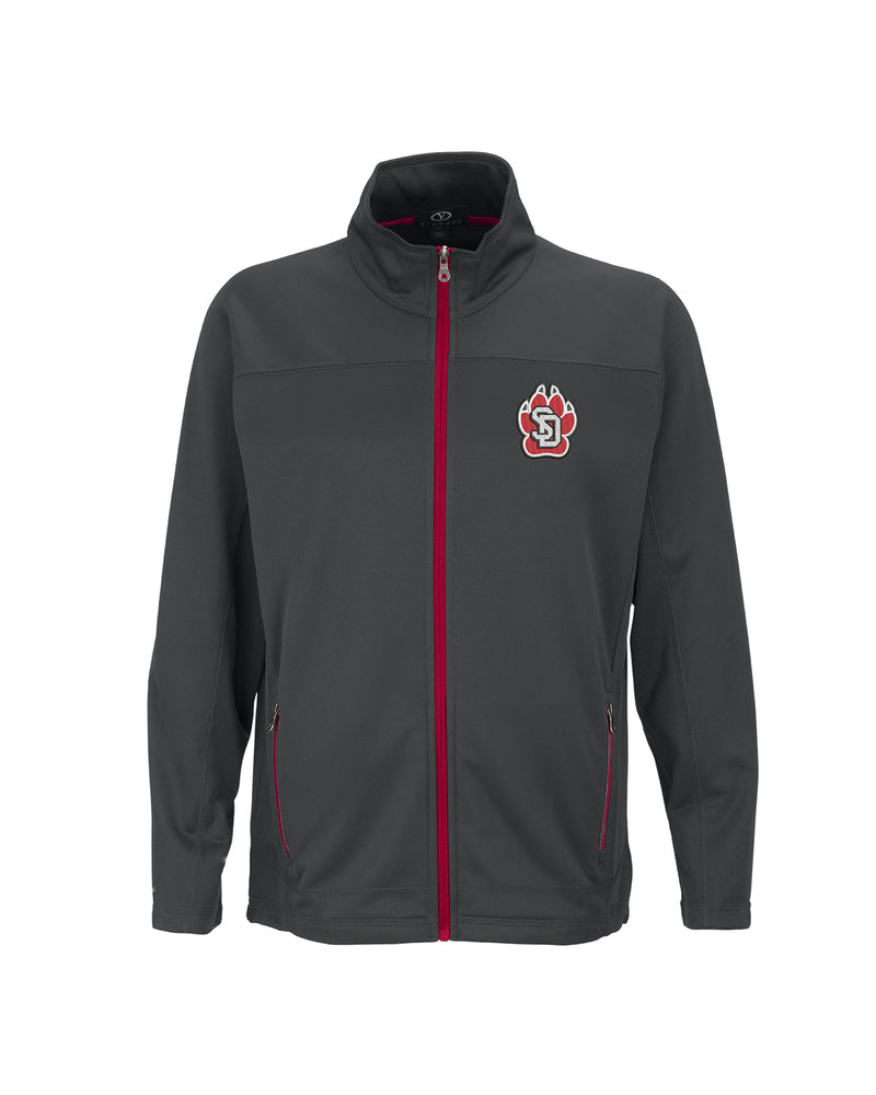 Men's gray micro-fleece full-zip jacket with red detailing on zipper and SD Paw logo on upper left chest.