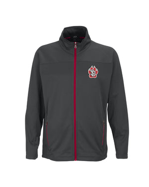 Men's gray micro-fleece full-zip jacket with red detailing on zipper and SD Paw logo on upper left chest.