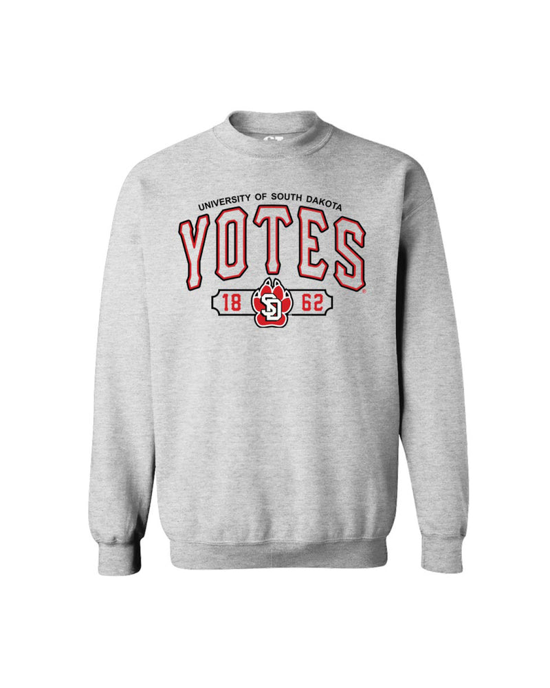 Gray sweatshirt with embroidered 'Yotes' and 'University of South Dakota' text with SD Paw logo.