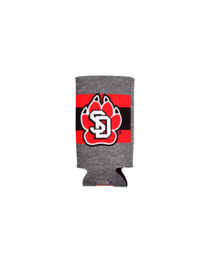 
                
                    Load image into Gallery viewer, Heather grey slim size cooler with black and red strip and SD paw logo 
                
            
