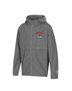 Gray light weight zip up youth jacket with Charlie Coyote head and red South Dakota lettering on the upper left chest