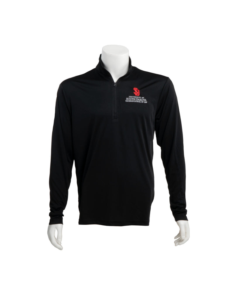 Black Men's quarter zip with the USD Knudson School of Law logo on the upper left chest
