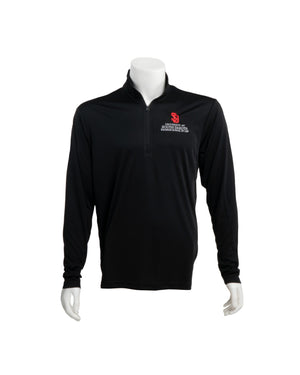 
                
                    Load image into Gallery viewer, Black Men&amp;#39;s quarter zip with the USD Knudson School of Law logo on the upper left chest
                
            