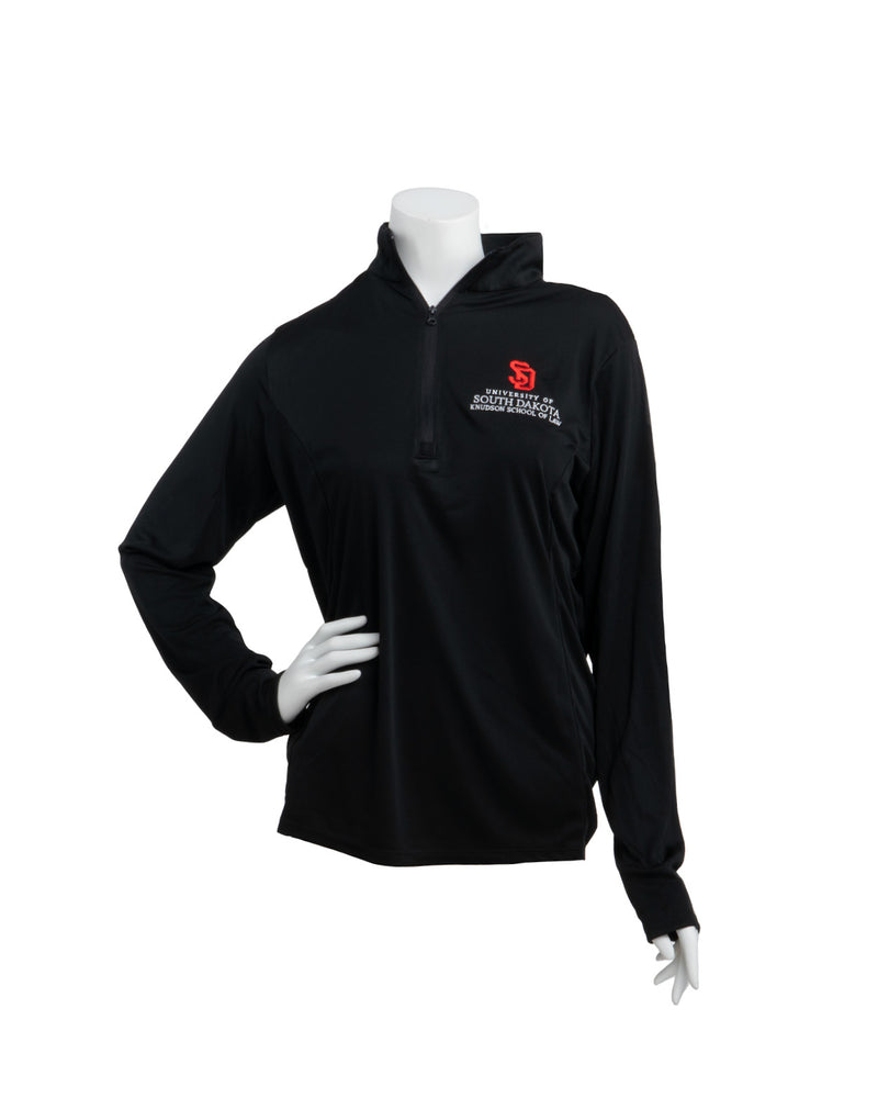 
                
                    Load image into Gallery viewer, Black Women&amp;#39;s quarter zip with the USD Knudson School of Law logo on the upper left chest
                
            