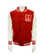 Red letter jacket with red  body and white faux leather sleeves with a red and white chenille USD patch on the upper left chest. 