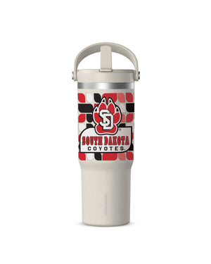 Stone colored tumbler with flip top straw and red, white and black design with large SD Paw logo and text, 'SOUTH DAKOTA COYOTES.'