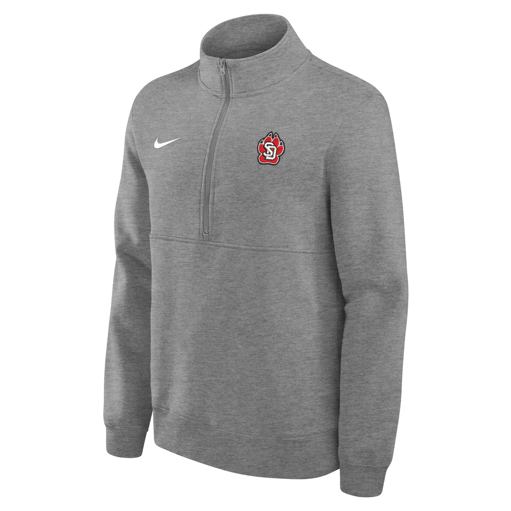 Gray Nike Men's Fleece half zip with SD Paw logo on upper left chest and white Nike logo on upper right chest.