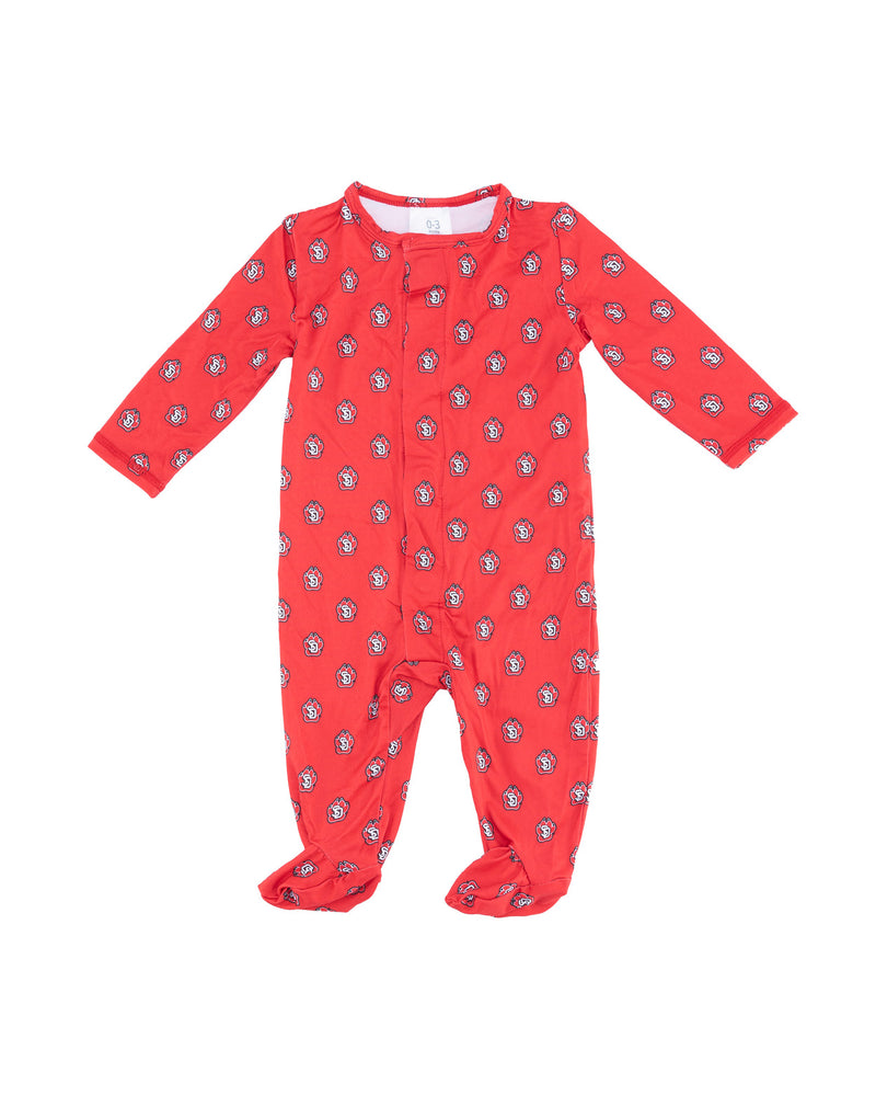 Red Infant footie with SD Paw logo print.