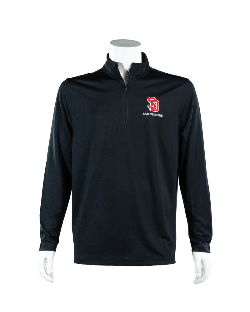 Black quarter zip with white embroidered, 'USD MEDICINE,' and red SD logo above on upper left chest. 