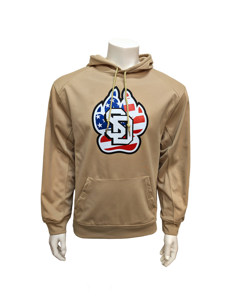 Tan unisex hoodie with large United States flag patterned SD Paw logo on chest. 