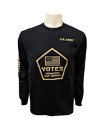 Black long-sleeve tee with tan design - a pentagon shape with American flag and text 'YOTES HONORING OUR HEROES' inside the shape across chest and "U.S. ARMY' on upper left chest, 'UNAFRAID' on left sleeve.