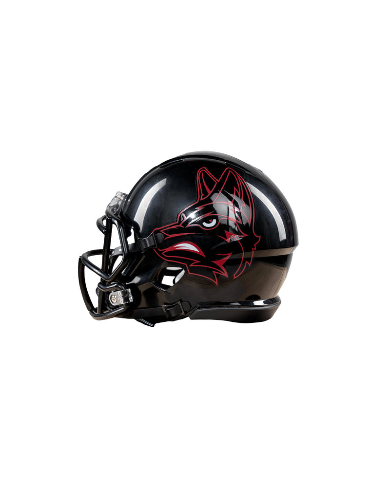 Side view of black mini football helmet with new red coyote logo head in red. 