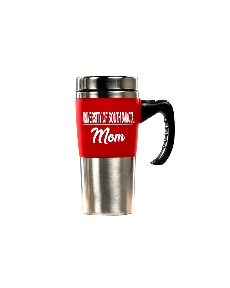 Stainless steel tumbler with red stripe and University of South Dakota Mom in white lettering