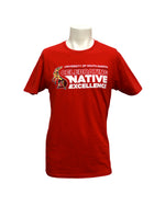 Unisex red short sleeve tee with graphic and text that says, 'UNIVERSITY OF SOUTH DAKOTA CELEBRATING NATIVE EXCELLENCE.'