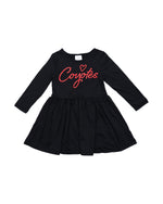 Black long-sleeve toddler dress with 'Coyotes' and a heart in red across chest.