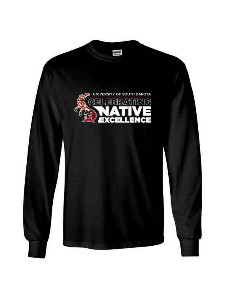 Black long-sleeve tee with Coyote and text, 'UNIVERSITY OF SOUTH DAKOTA CELEBRATING NATIVE EXCELLENCE.'