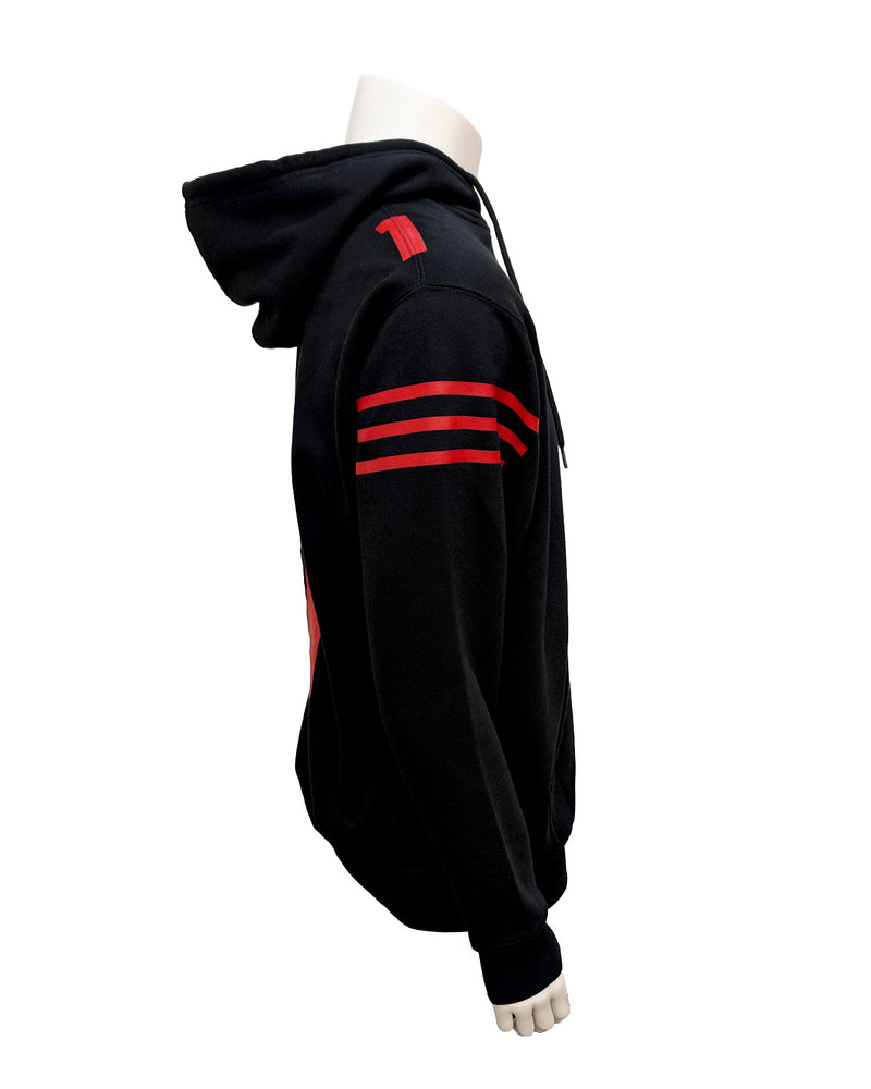 Side view of black unisex hoodie showing three red stripes on upper part of arm and a '1' on the shoulder.