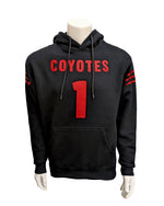 Black unisex hoodie with red, 'COYOTES,' across chest and large, `1' and three red stripes on the upper part of each sleeve.