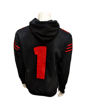 Back of black unisex hoodie with large red, '1.' 