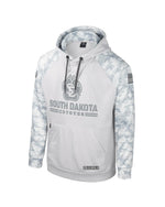 White/Gray hoodie with digital camo print sleeve and tonal paw SD Paw logo across chest with text, 'SOUTH DAKOTA COYOTES.'