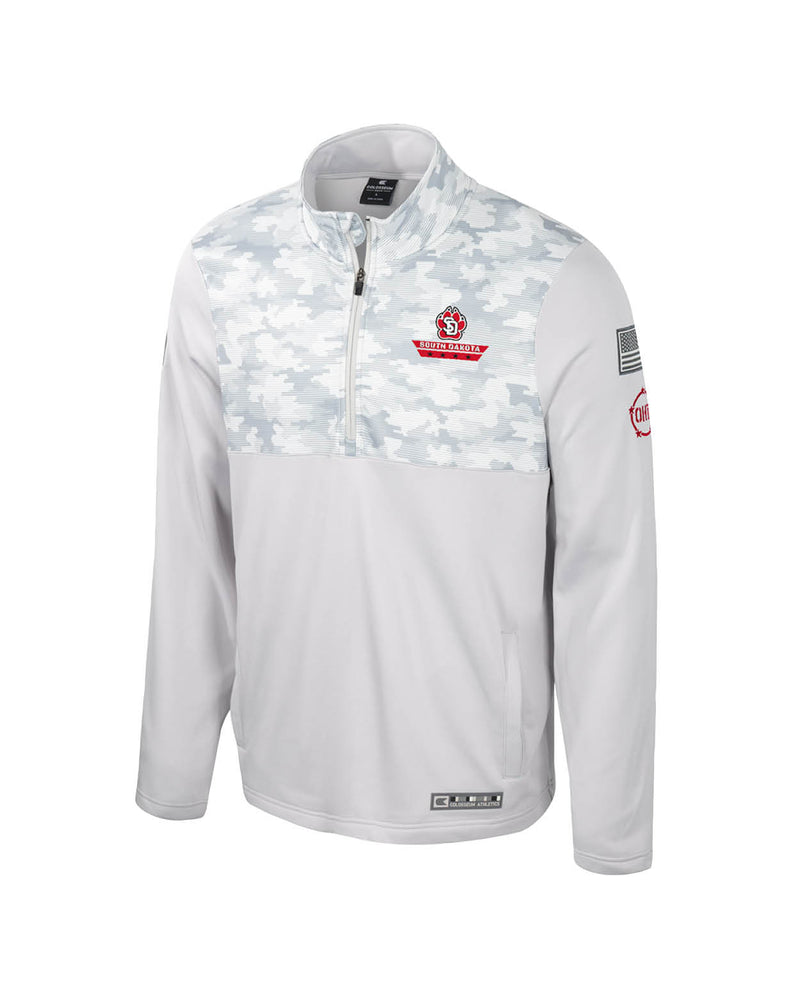 White/gray quarter zip with digital camo pattern on the upper third and a red and black SD Paw logo with text, 'SOUTH DAKOTA' underneath on the upper left chest. 
