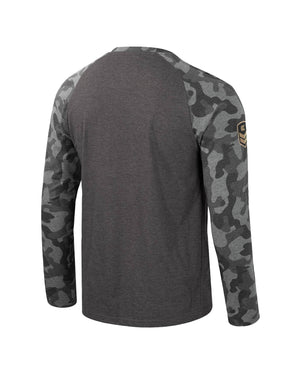 Back of gray long sleeve with digital camo print sleeves.