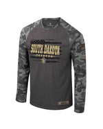 Gray long sleeve tee with digital camo print on the sleeves and text across chest, 'SOUTH DAKOTA COYOTES.'