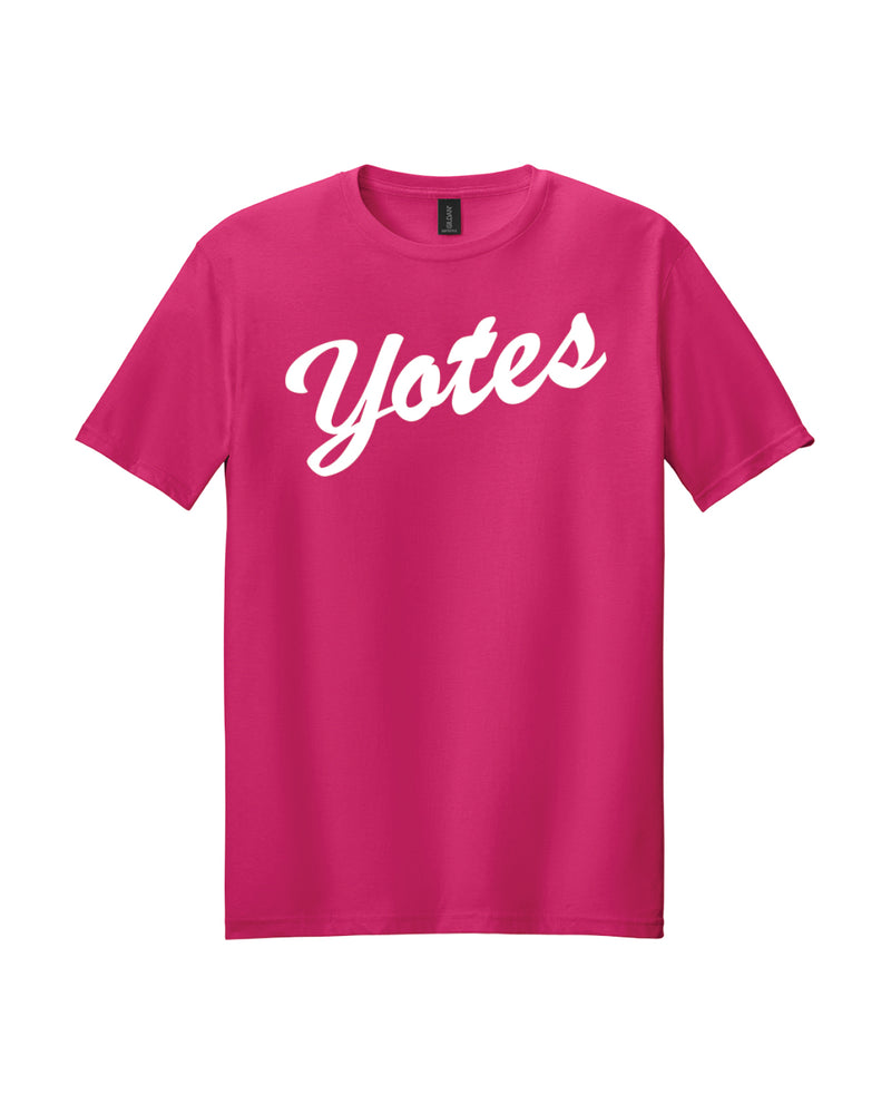 Pink t-shirt with white script 'Yotes' across chest. 