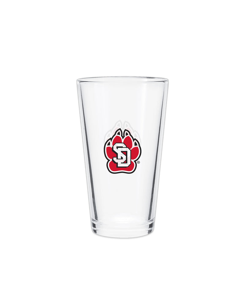 Clear pint glass with red, black and white SD Paw logo imprint.