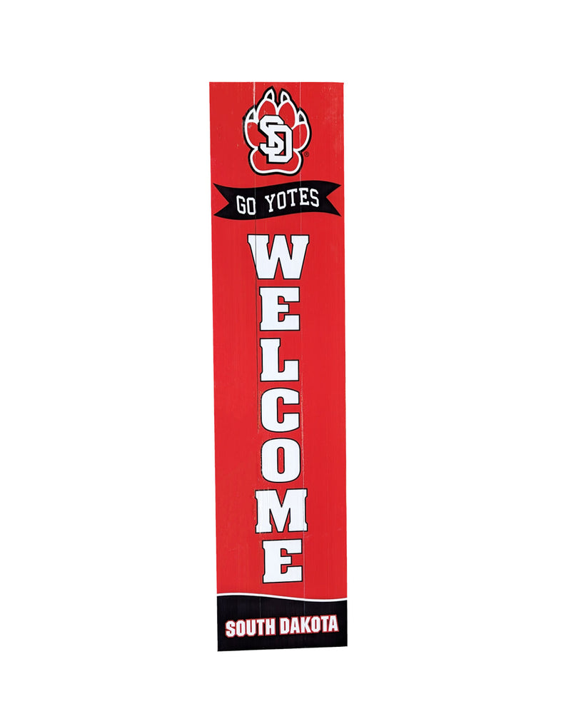Red vertical porch leaner sign with SD Paw logo above text that says 'GO YOTES! WELCOME' and 'SOUTH DAKOTA'