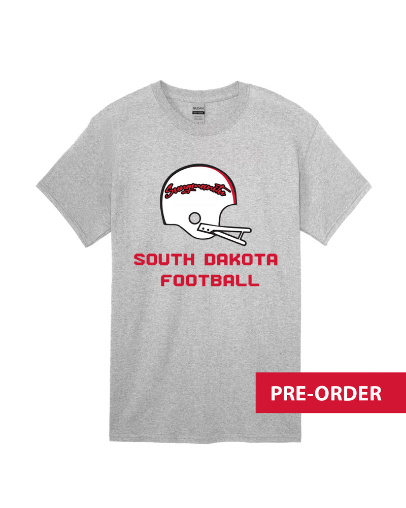 Gray tee with white football helmet with red word 'Sungmanitu' and red text below 'SOUTH DAKOTA FOOTBALL' across chest.