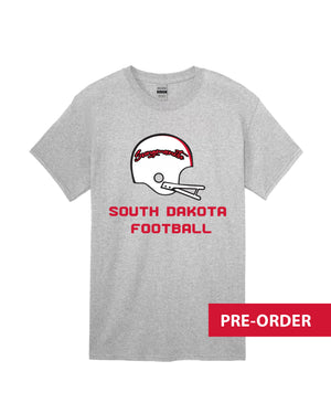 Gray tee with white football helmet with red word 'Sungmanitu' and red text below 'SOUTH DAKOTA FOOTBALL' across chest.