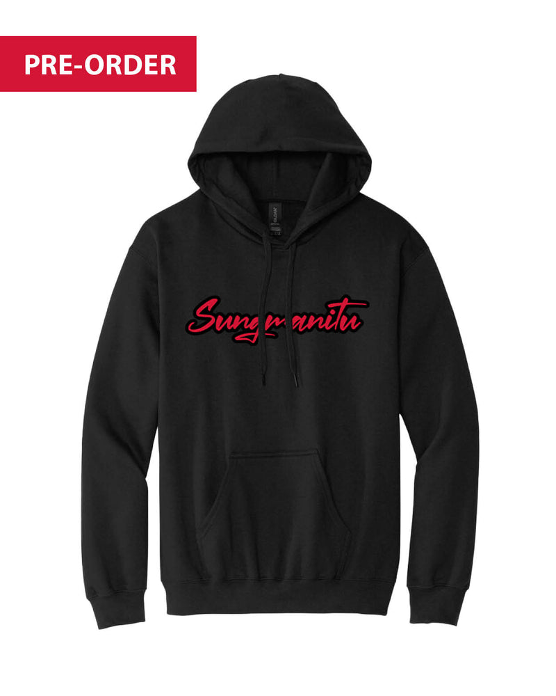Black hoodie with red 'Sungmanitu' across chest. 