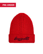 Red cuffed beanie with 'Sungmanitu' logo embroidered in red with a black outline.