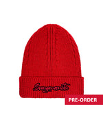 Red cuffed beanie with 'Sungmanitu' logo embroidered in red with a black outline.