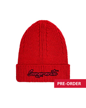 Red cuffed beanie with 'Sungmanitu' logo embroidered in red with a black outline.