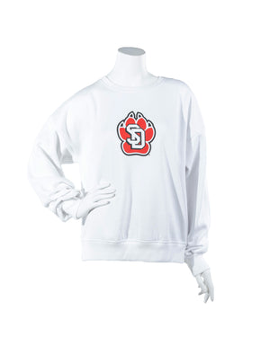 White oversized women's crew with black, red and white SD Paw logo on center chest. 