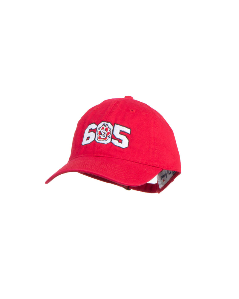 Red Adjustable hat with 605 on the front and the SD Paw logo