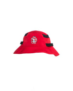 Red Adidas Performance Bucket Hat with SD Paw logo on front and black stripes on side and black drawstring for securing