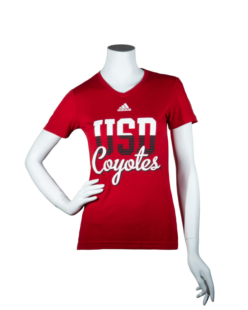 Red Adidas v neck tee with white Adidas logo and text that says 'USD Coyotes'