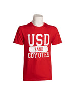 Red t-shirt with 'USD Band Coyotes' text on a mannequin against a white background