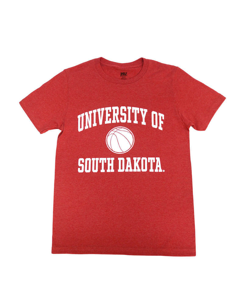 
                
                    Load image into Gallery viewer, Red heathered tee with white text, &amp;#39;UNIVERSITY OF SOUTH DAKOTA&amp;#39; and a white basketball.
                
            